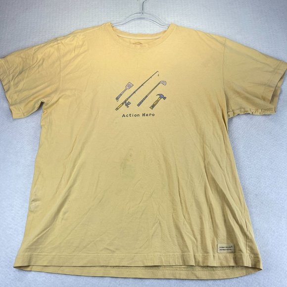 LIFE IS GOOD Mens L Yellow Action Hero Shirt Hobby Dad Fathers Day Short Sleeve - Picture 2 of 9